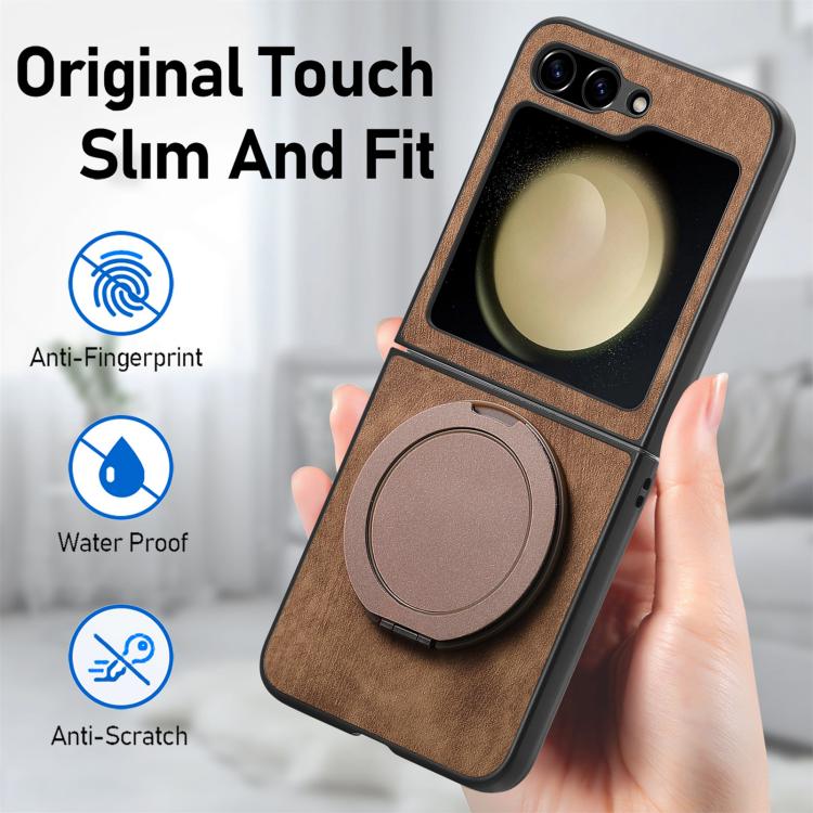 For Galaxy Z Flip5 5G Retro Leather Rotation Round Holder Phone Case