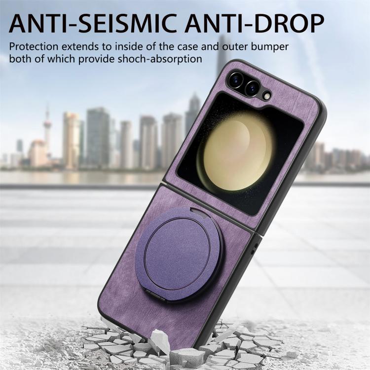 For Galaxy Z Flip5 5G Retro Leather Rotation Round Holder Phone Case