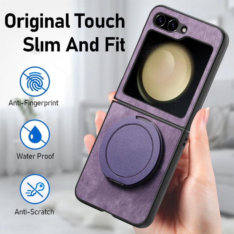 For Galaxy Z Flip5 5G Retro Leather Rotation Round Holder Phone Case