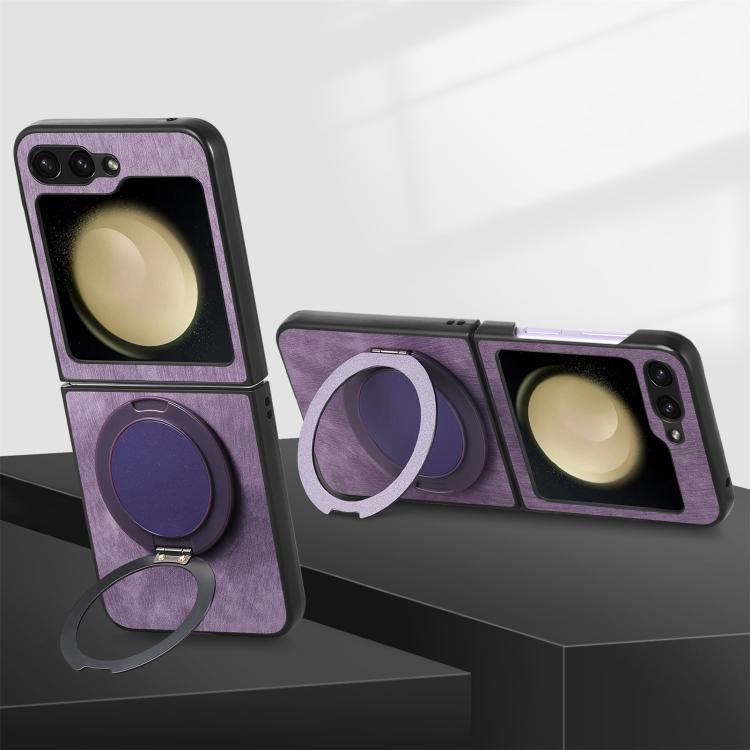 For Galaxy Z Flip5 5G Retro Leather Rotation Round Holder Phone Case