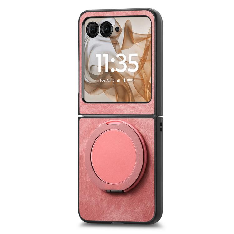 For Motorola Moto Razr 50 Retro Leather Rotation Round Holder Phone Case