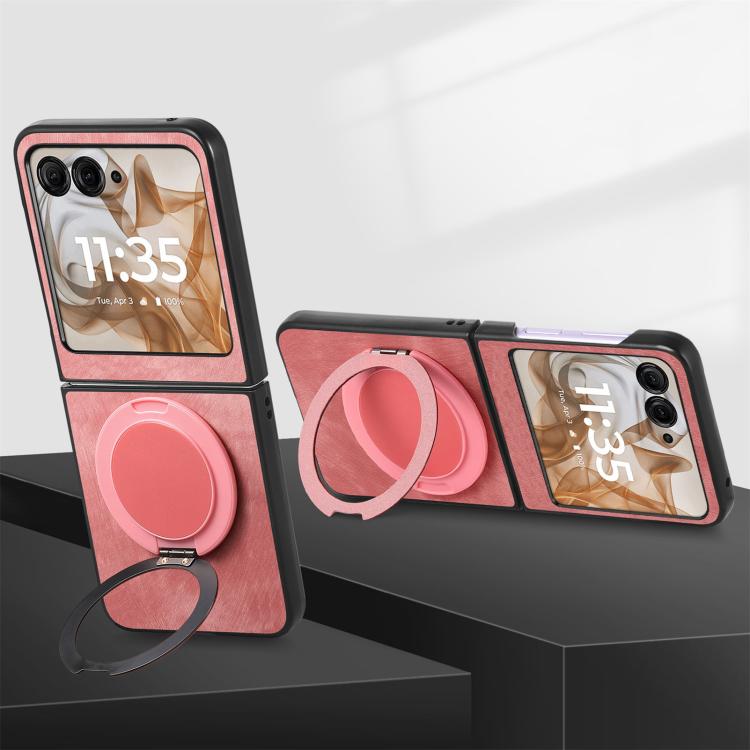 For Motorola Moto Razr 50 Retro Leather Rotation Round Holder Phone Case