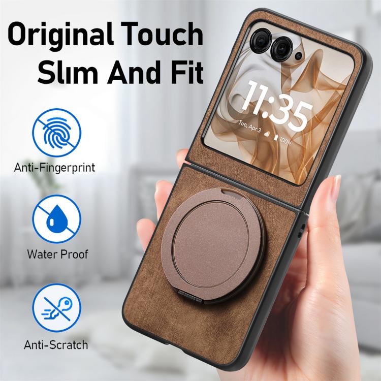 For Motorola Moto Razr 50 Retro Leather Rotation Round Holder Phone Case
