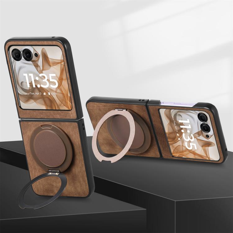 For Motorola Moto Razr 50 Retro Leather Rotation Round Holder Phone Case