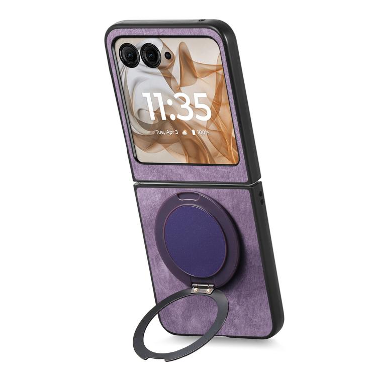 For Motorola Moto Razr 50 Retro Leather Rotation Round Holder Phone Case