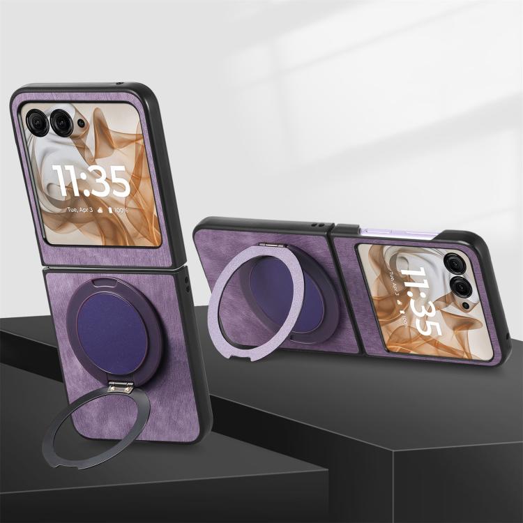 For Motorola Moto Razr 50 Retro Leather Rotation Round Holder Phone Case