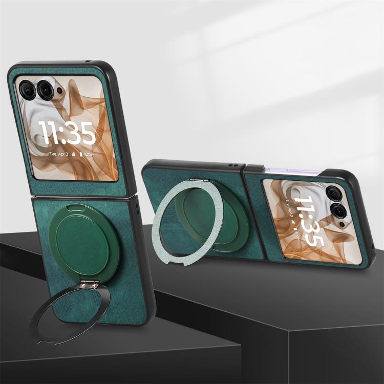 For Motorola Moto Razr 50 Retro Leather Rotation Round Holder Phone Case