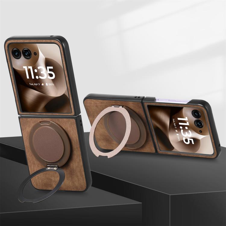 For Motorola Moto Razr 50 Ultra Retro Leather Rotation Round Holder Phone Case