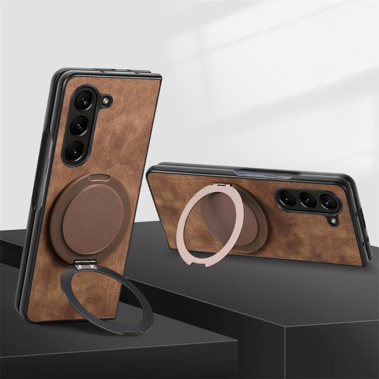 For Samsung Galaxy Z Fold4 Retro Leather Rotation Round Holder Phone Case