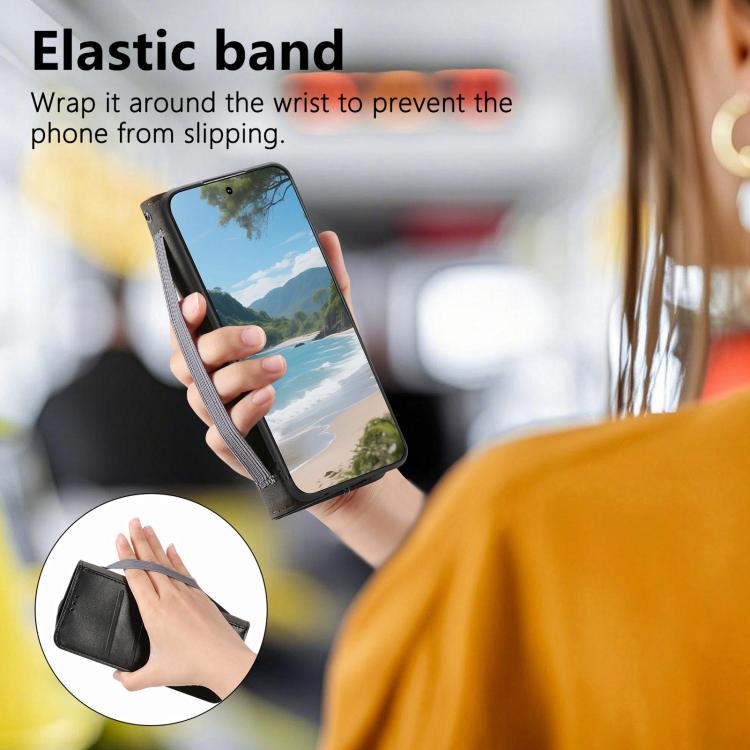 For iPhone 15 Plus Elastic Wristband Magnetic Suction Leather Phone Case