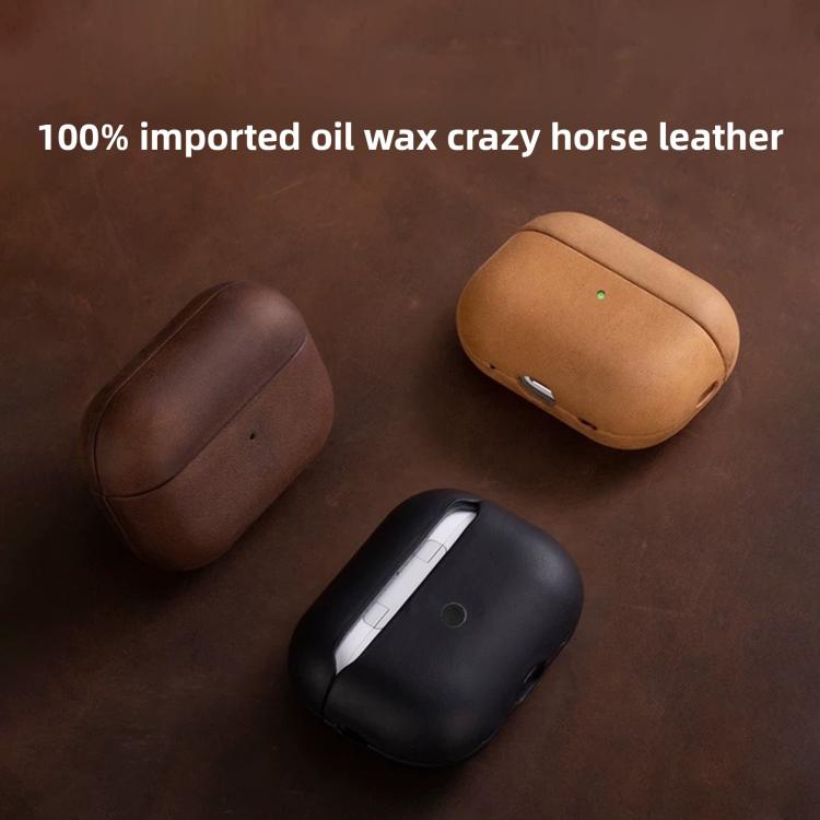 For AirPods Pro 2 Crazy Horse Genuine Leather Earbuds Protective Case