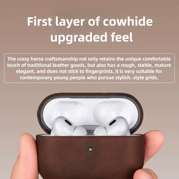 For AirPods Pro 2 Crazy Horse Genuine Leather Earbuds Protective Case