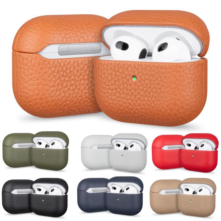 For AirPods Pro Litchi Grain Genuine Leather Earbuds Protective Case