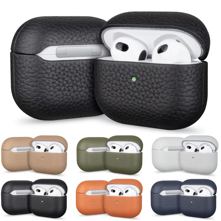 For AirPods 4 Litchi Grain Genuine Leather Earbuds Protective Case