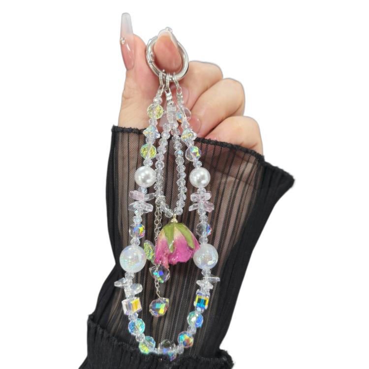 White Rose Real Flower Double-Layer Mobile PhoneChain