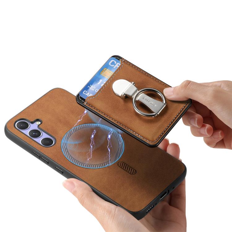 For Samsung Galaxy A15 Retro Folding Ring Holder Card Bag MagSafe Phone Case