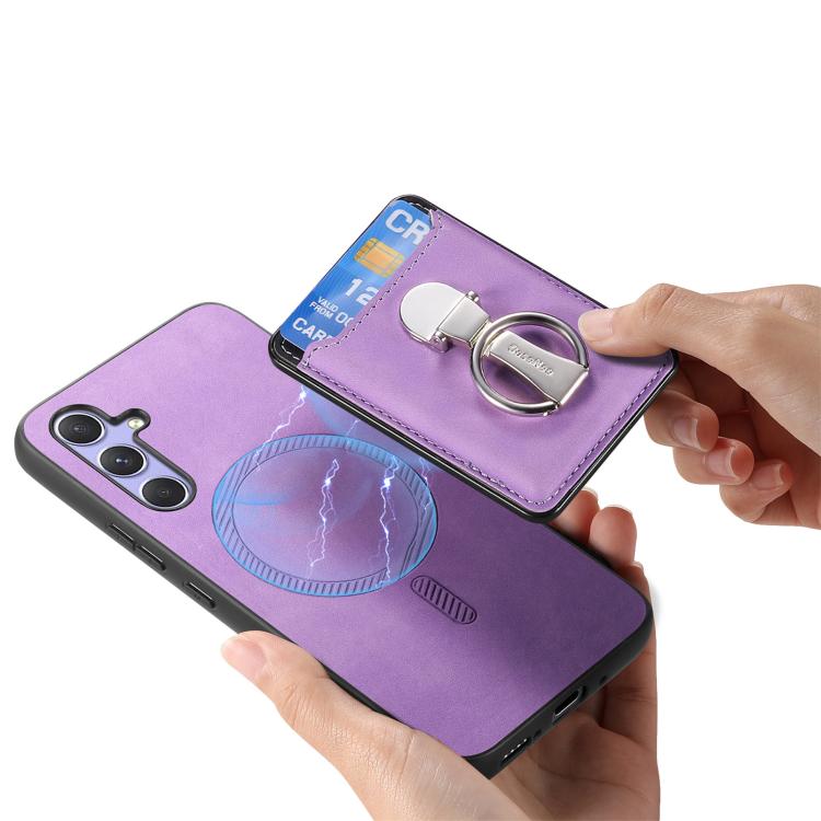For Samsung Galaxy A34 5G Retro Folding Ring Holder Card Bag MagSafe Phone Case