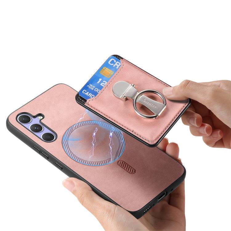 For Samsung Galaxy A34 5G Retro Folding Ring Holder Card Bag MagSafe Phone Case