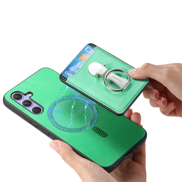 For Samsung Galaxy A55 5G Retro Folding Ring Holder Card Bag MagSafe Phone Case