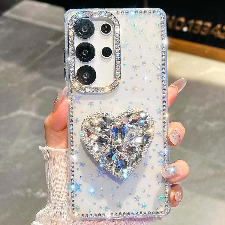 For Samsung Galaxy S25 Ultra 5G Diamond Glitter Gemstone Heart Holder Phone Case