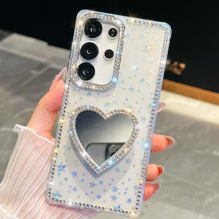 For Samsung Galaxy S25 Ultra 5G Diamond Glitter Mirror Heart Holder Phone Case