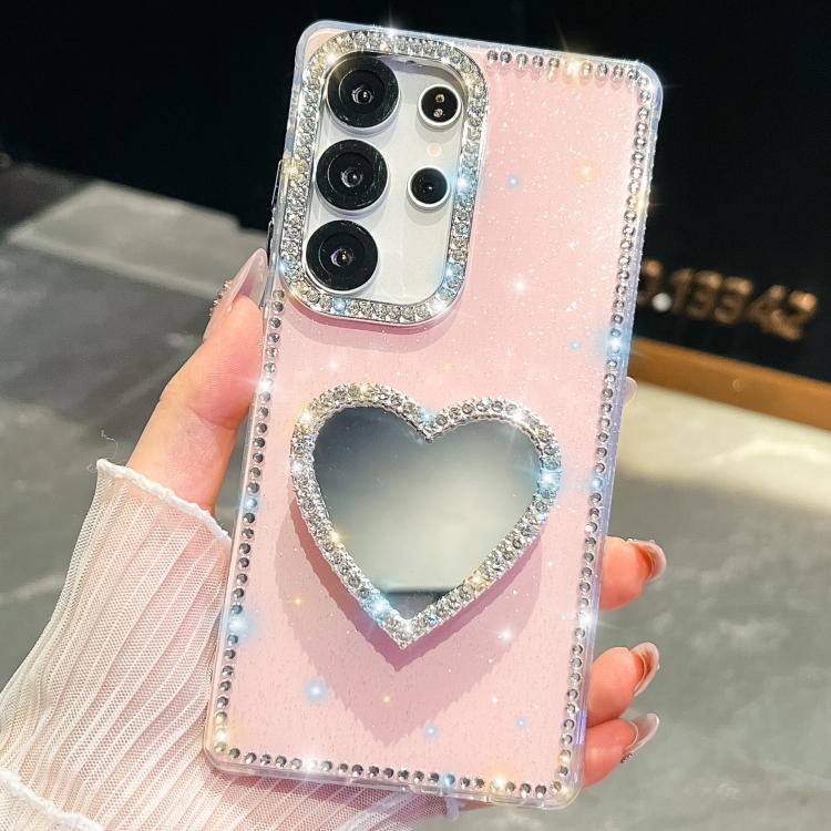 For Samsung Galaxy S23 Ultra 5G Diamond Glitter Mirror Heart Holder Phone Case