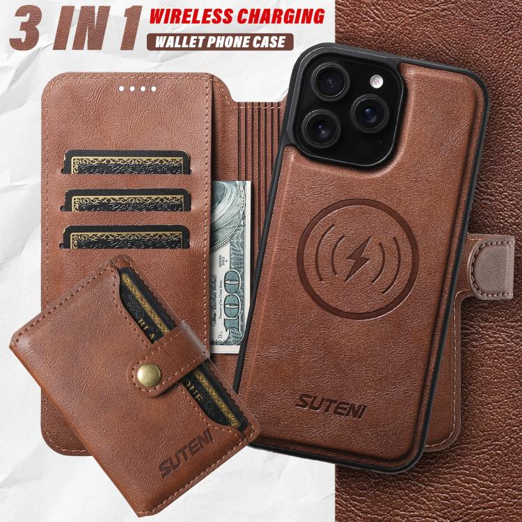 For iPhone 12 Pro Max Suteni Q05S1 3-in-1 Detachable Wallet MagSafe Leather Phone Case