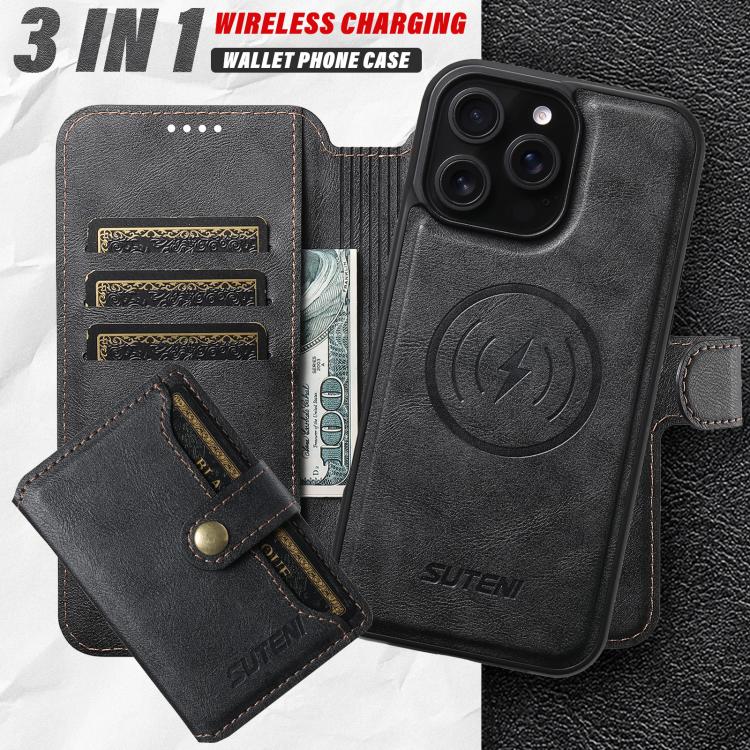 For iPhone 16 Suteni Q05S1 3-in-1 Detachable Wallet MagSafe Leather Phone Case