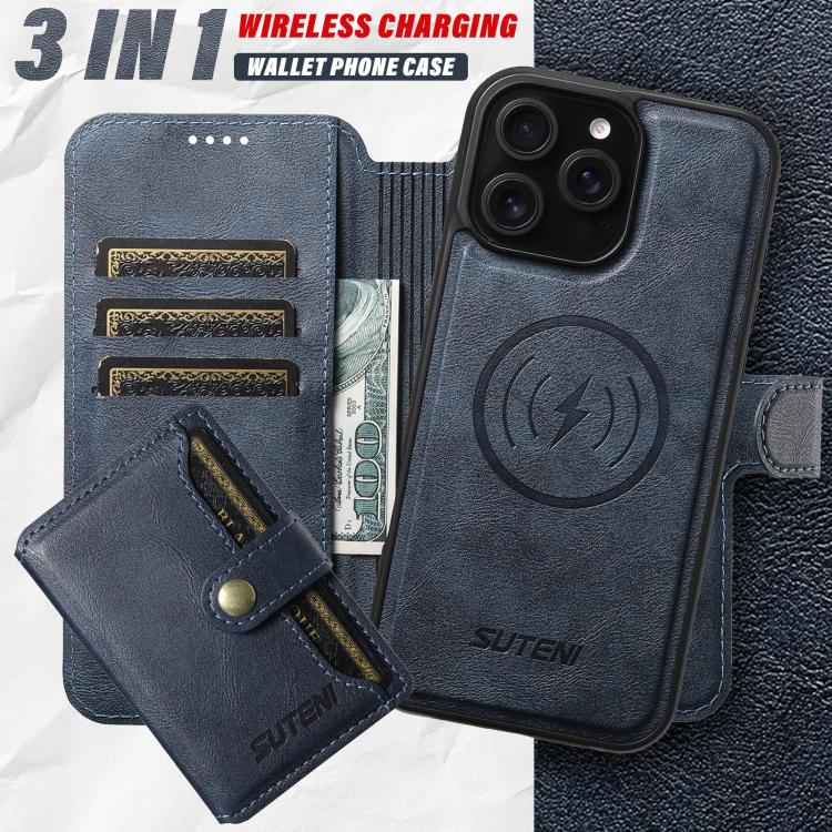 For iPhone 16 Plus Suteni Q05S1 3-in-1 Detachable Wallet MagSafe Leather Phone Case