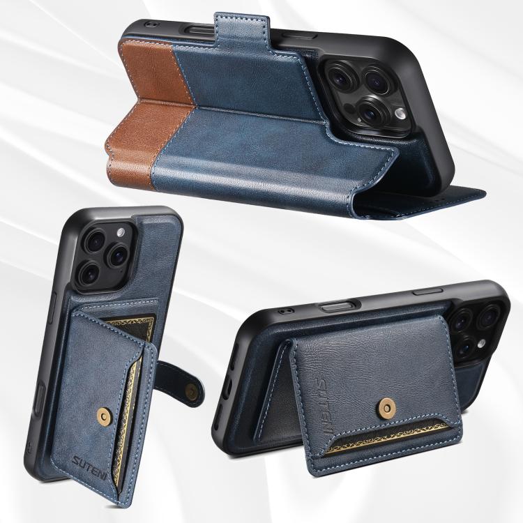 For iPhone 15 Plus Suteni Q06S1 3-in-1 Splicing Detachable Wallet MagSafe Leather Phone Case