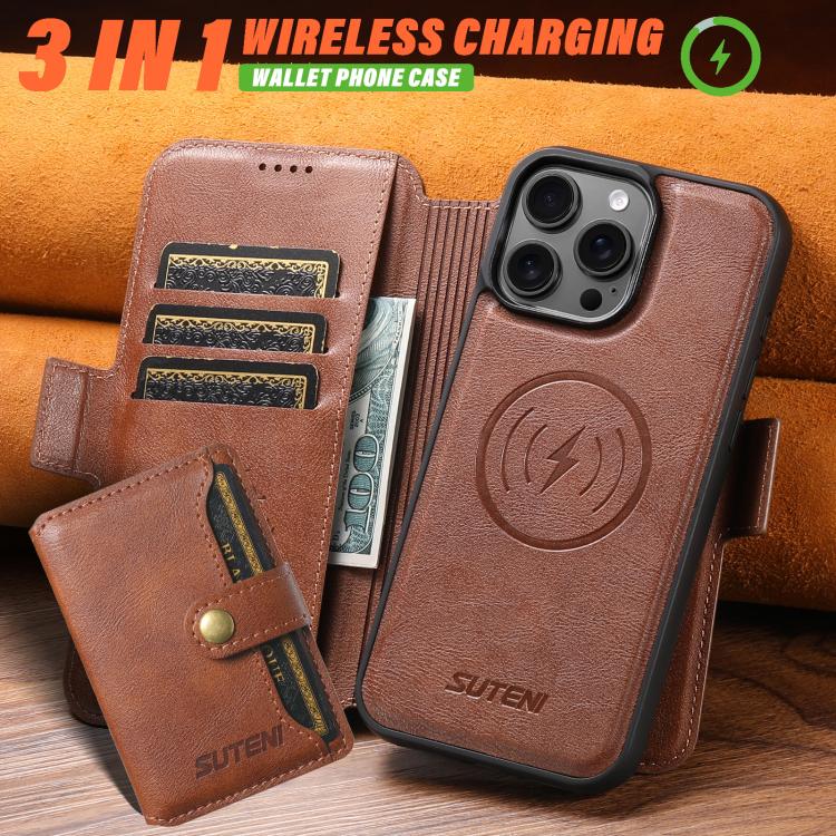 For iPhone 14 Suteni Q06S1 3-in-1 Splicing Detachable Wallet MagSafe Leather Phone Case