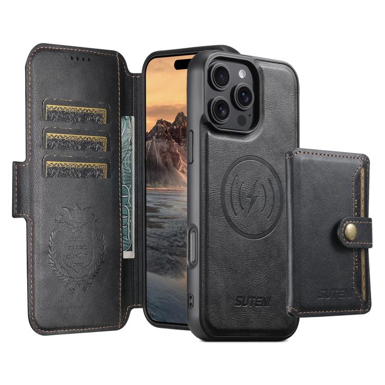 For iPhone 12 Suteni Q06S1 3-in-1 Splicing Detachable Wallet MagSafe Leather Phone Case