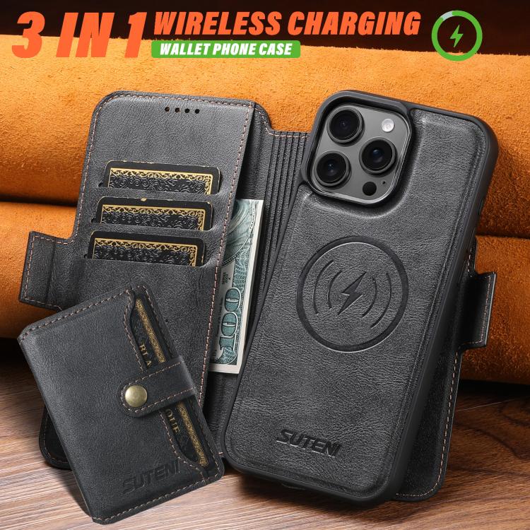 For iPhone 12 Suteni Q06S1 3-in-1 Splicing Detachable Wallet MagSafe Leather Phone Case