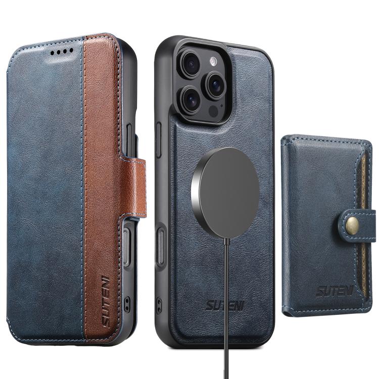 For iPhone 16 Plus Suteni Q07S1 3-in-1 Detachable Wallet MagSafe Splicing Leather Phone Case