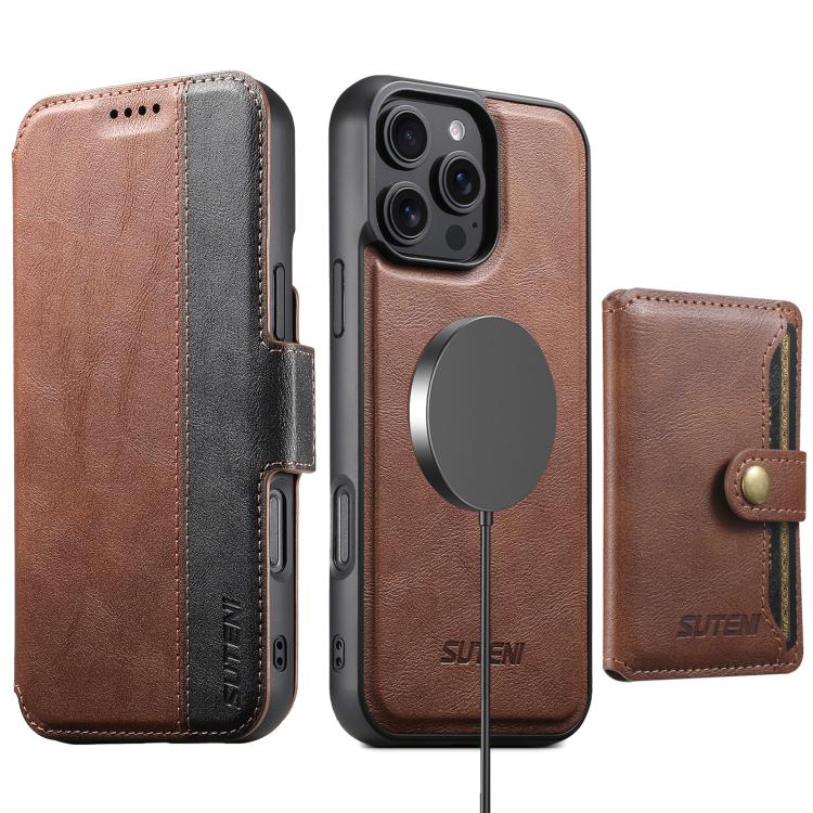 For iPhone 16 Suteni Q07S1 3-in-1 Detachable Wallet MagSafe Splicing Leather Phone Case
