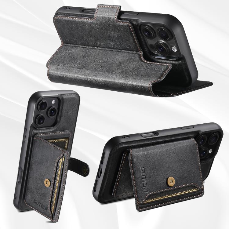 For iPhone 15 Suteni Q07S1 3-in-1 Detachable Wallet MagSafe Splicing Leather Phone Case