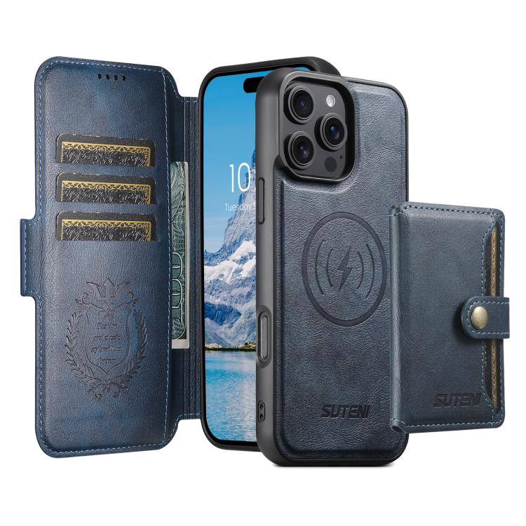 For iPhone 14 Plus Suteni Q07S1 3-in-1 Detachable Wallet MagSafe Splicing Leather Phone Case