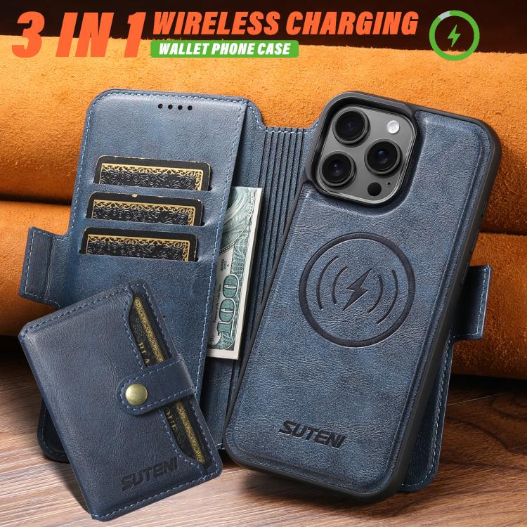 For iPhone 14 Suteni Q07S1 3-in-1 Detachable Wallet MagSafe Splicing Leather Phone Case
