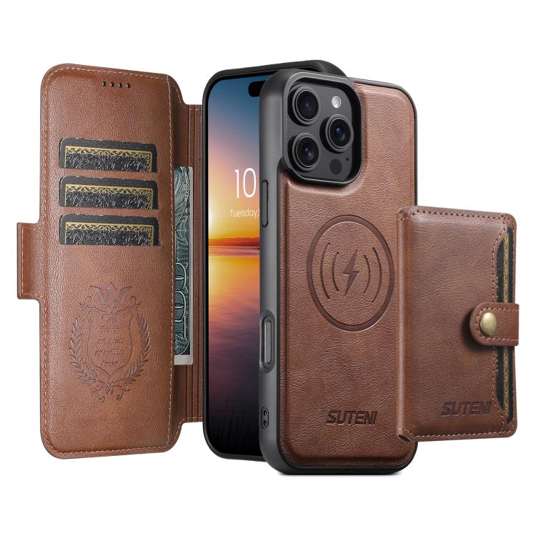For iPhone 12 Pro Max Suteni Q07S1 3-in-1 Detachable Wallet MagSafe Splicing Leather Phone Case