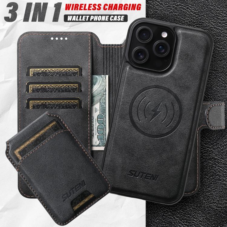 For iPhone 16 Suteni Q05S2 3-in-1 Detachable Vertical Flip Wallet MagSafe Leather Phone Case