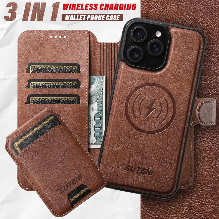 For iPhone 14 Pro Max Suteni Q05S2 3-in-1 Detachable Vertical Flip Wallet MagSafe Leather Phone Case