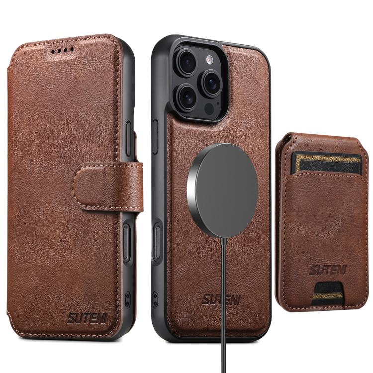 For iPhone 13 Pro Suteni Q05S2 3-in-1 Detachable Vertical Flip Wallet MagSafe Leather Phone Case
