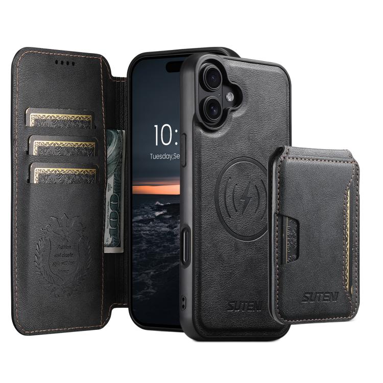 For iPhone 16 Plus Suteni Q05S3 3-in-1 Detachable Vertical Flip Wallet MagSafe Leather Phone Case