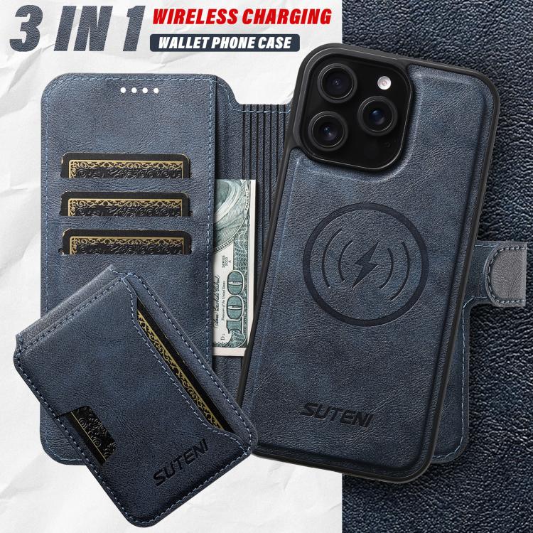 For iPhone 16 Plus Suteni Q05S3 3-in-1 Detachable Vertical Flip Wallet MagSafe Leather Phone Case