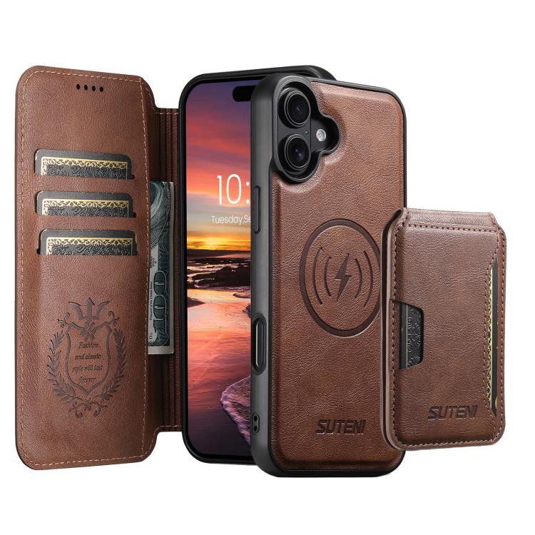 For iPhone 16 Suteni Q05S3 3-in-1 Detachable Vertical Flip Wallet MagSafe Leather Phone Case