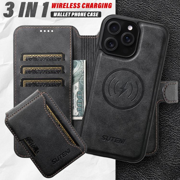 For iPhone 14 Plus Suteni Q05S3 3-in-1 Detachable Vertical Flip Wallet MagSafe Leather Phone Case