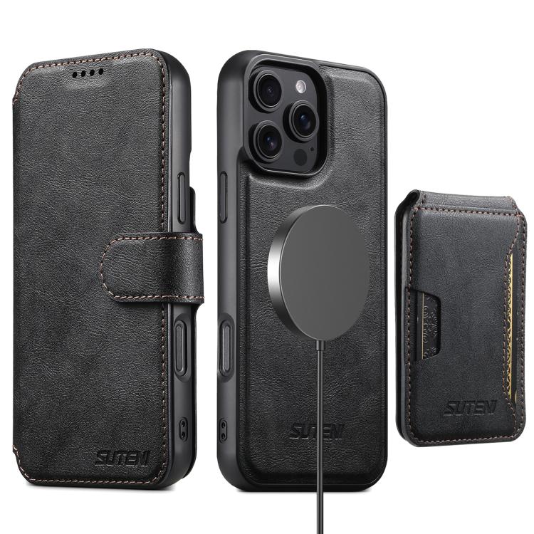 For iPhone 13 Pro Max Suteni Q05S3 3-in-1 Detachable Vertical Flip Wallet MagSafe Leather Phone Case