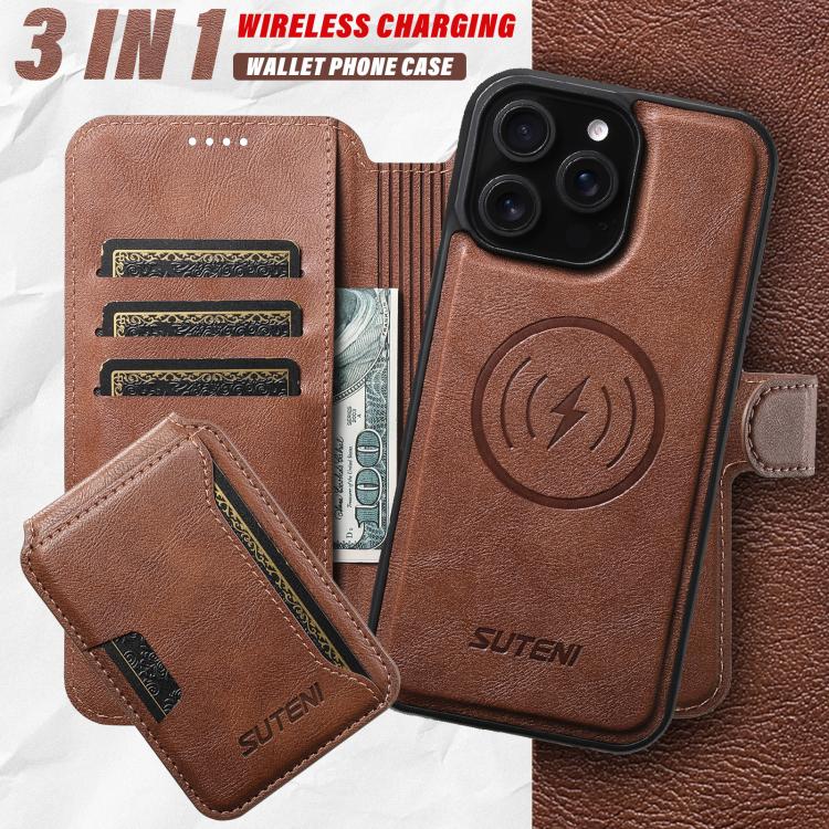 For iPhone 12 Suteni Q05S3 3-in-1 Detachable Vertical Flip Wallet MagSafe Leather Phone Case