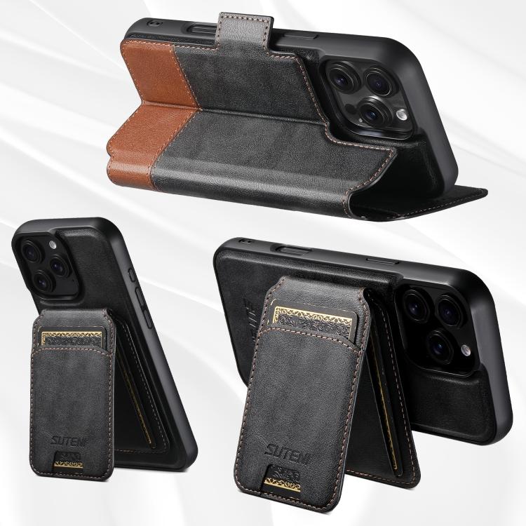 For iPhone 16 Plus Suteni Q06S2 3-in-1 Detachable Vertical Flip Wallet MagSafe Splicing Leather Phone Case