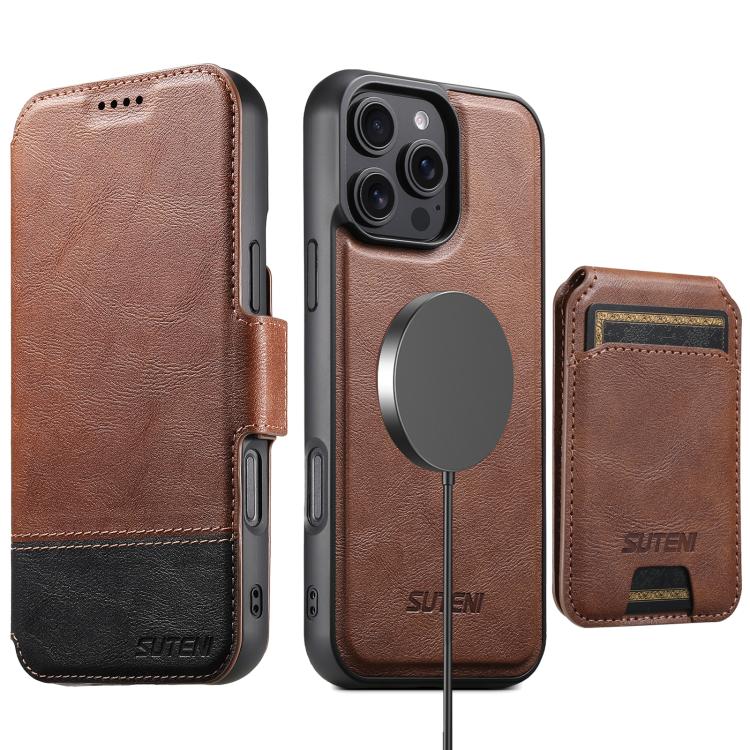 For iPhone 16 Plus Suteni Q06S2 3-in-1 Detachable Vertical Flip Wallet MagSafe Splicing Leather Phone Case
